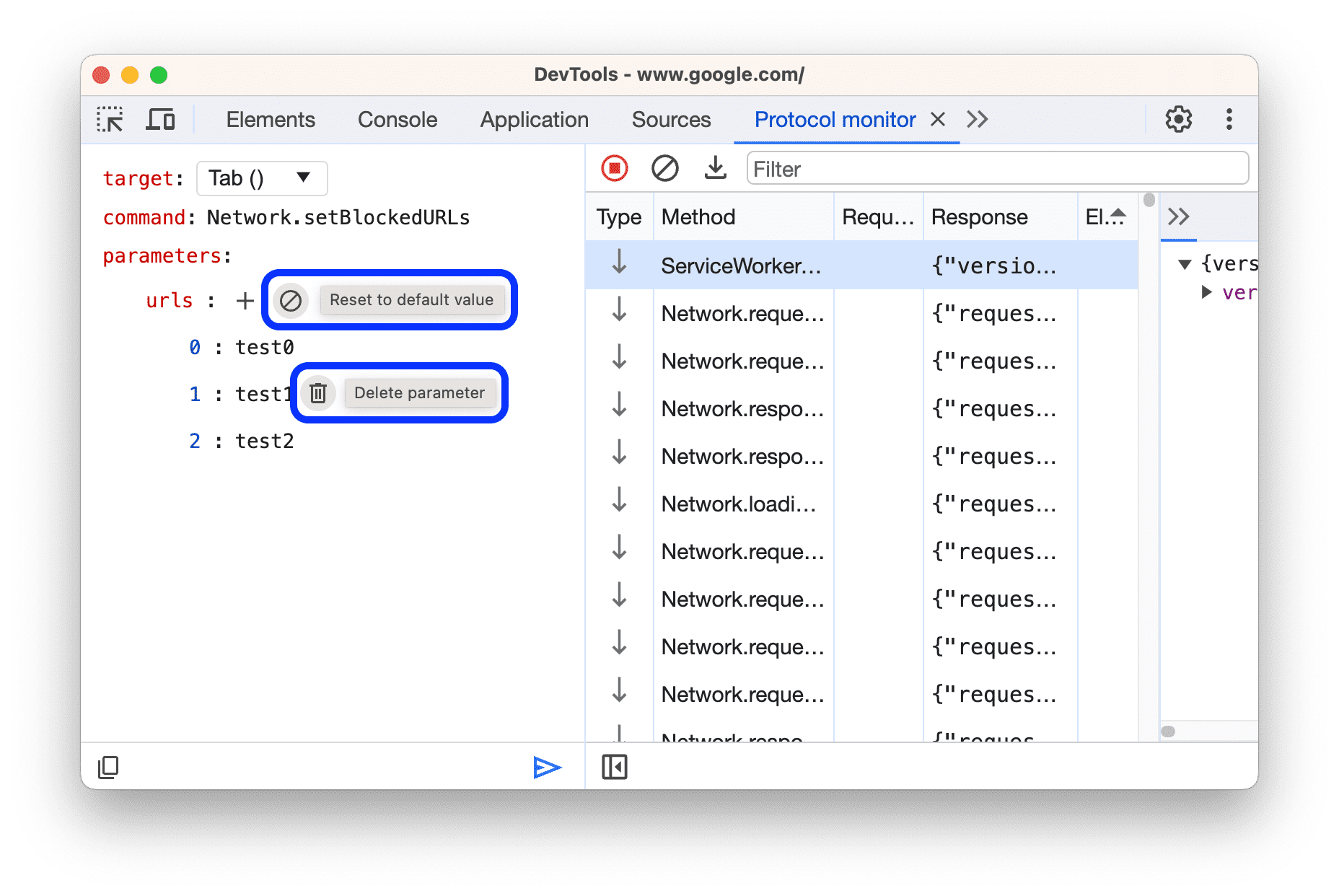 The 'Delete parameter' and 'Reset to default' buttons.