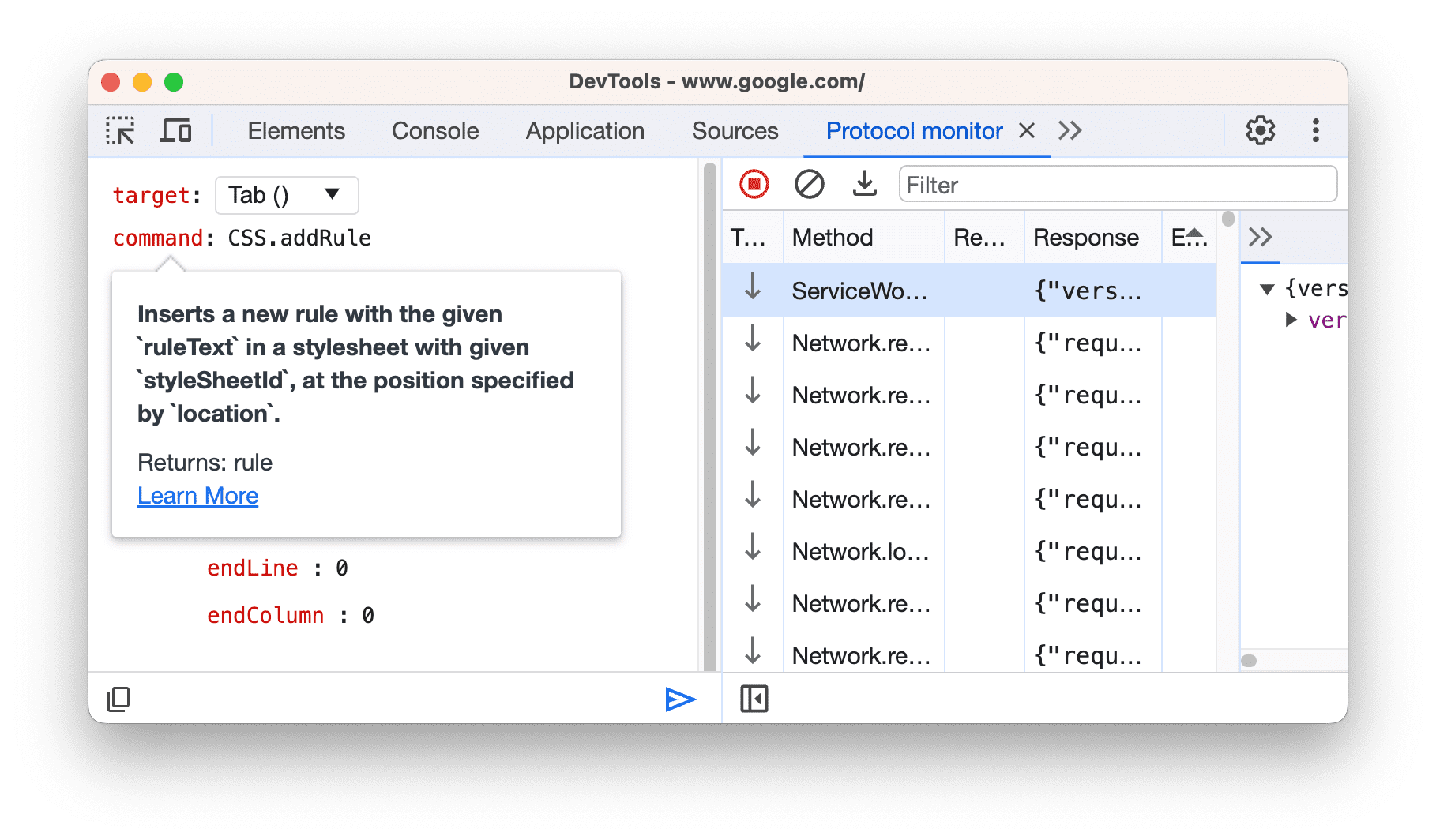 Tooltip deskriptif yang muncul saat Anda mengarahkan kursor ke perintah.