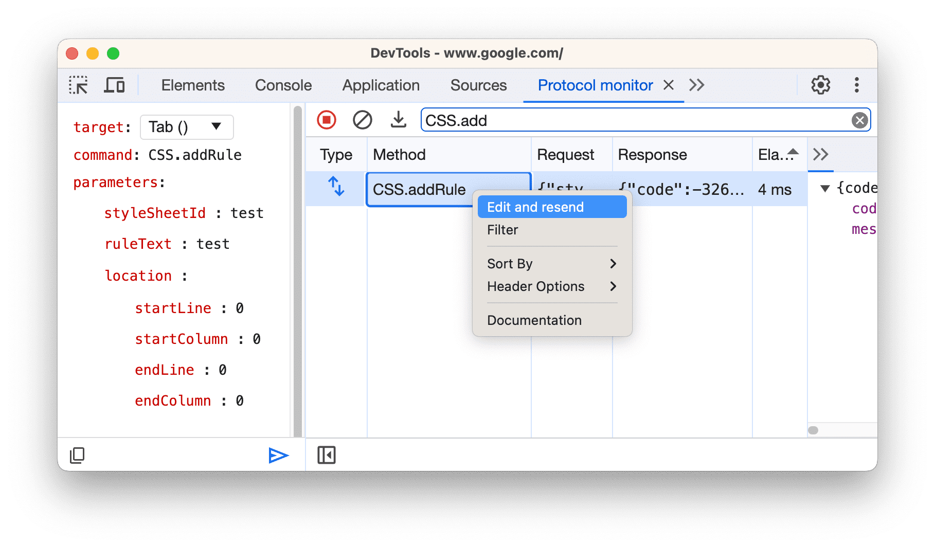 เมนูแบบเลื่อนลงของคำสั่งในตารางข้อมูลที่มีตัวเลือก "แก้ไขและส่งอีกครั้ง"