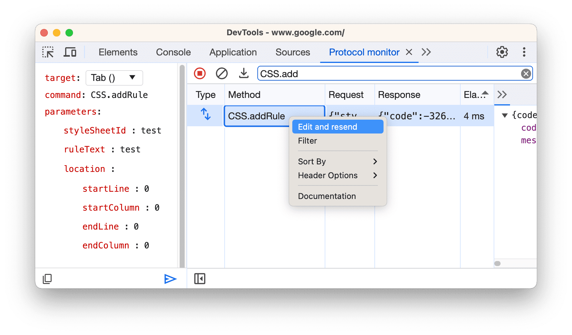 The drop-down menu of a command in the datagrid with the 'Edit and resend' option.