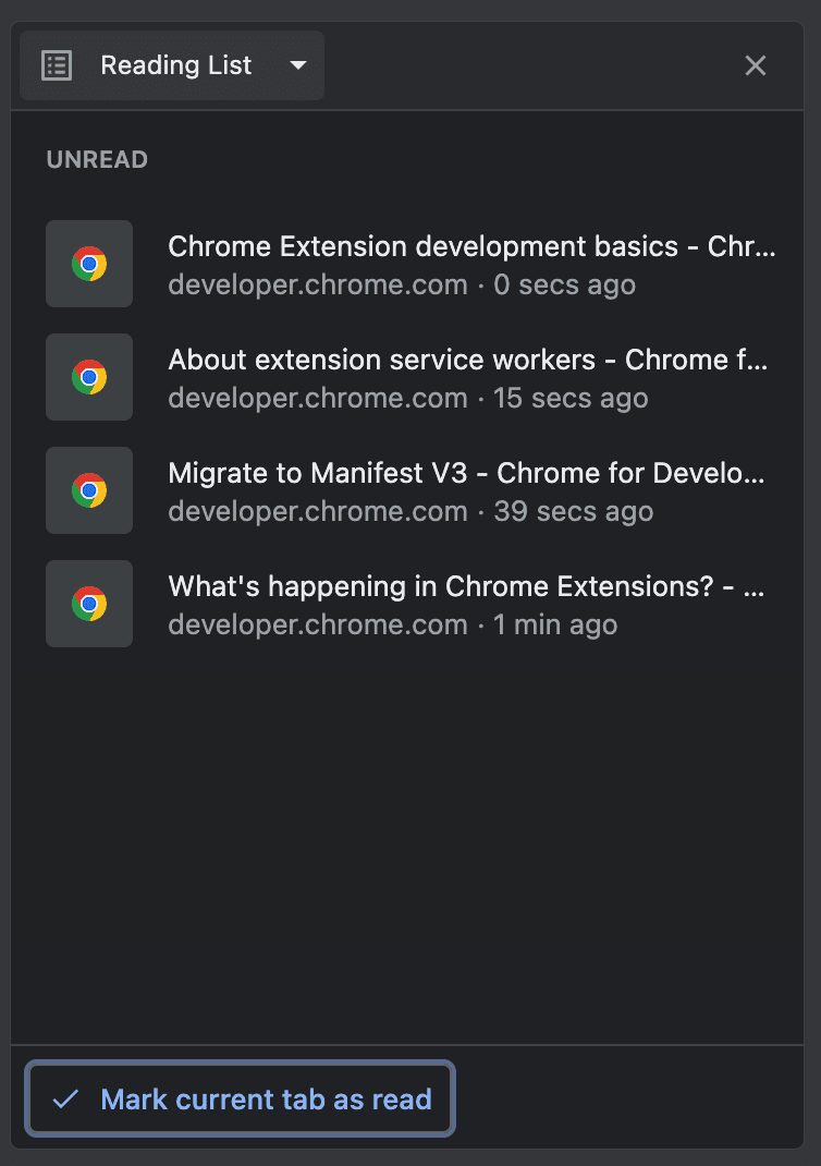 Lista de leitura do Chrome mostrando páginas de documentos da extensão.