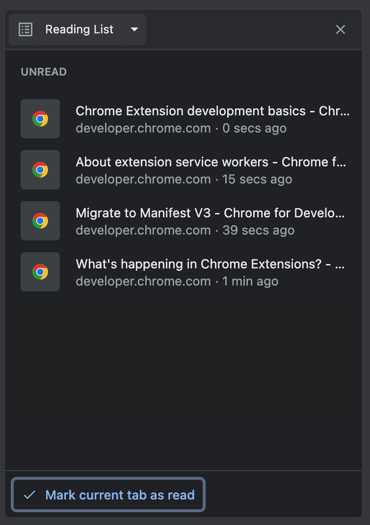 Список чтения Chrome, отображающий страницы документации расширений.