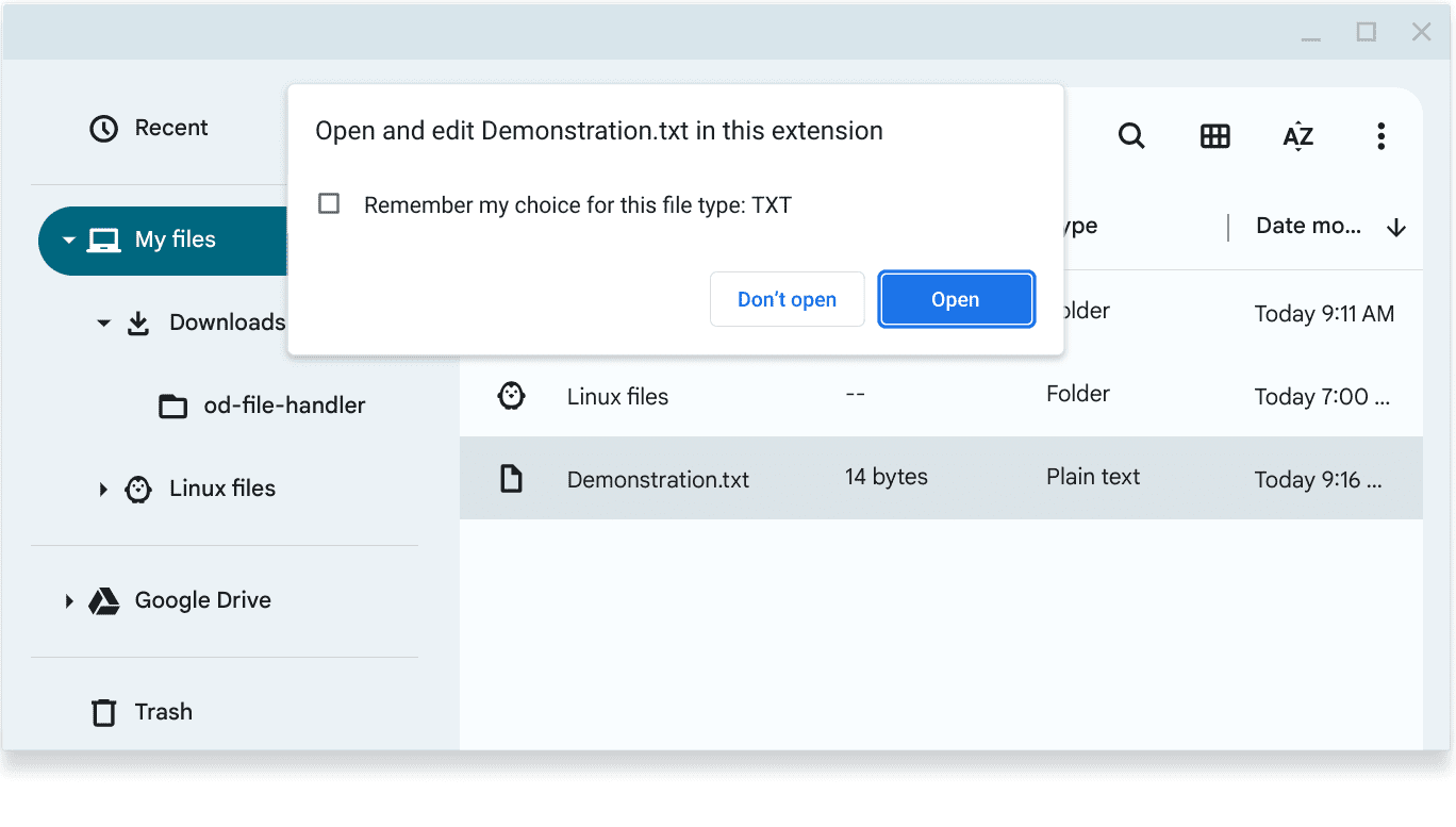 ChromeOS 上開啟檔案的螢幕截圖，顯示擴充功能對話方塊