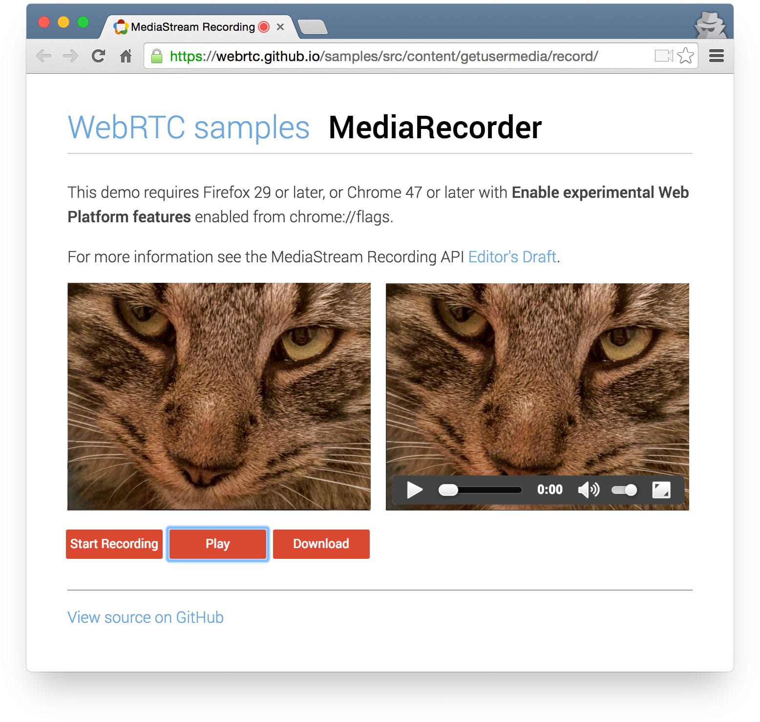 Screenshot demo MediaRecorder di repositori contoh WebRTC GitHub
