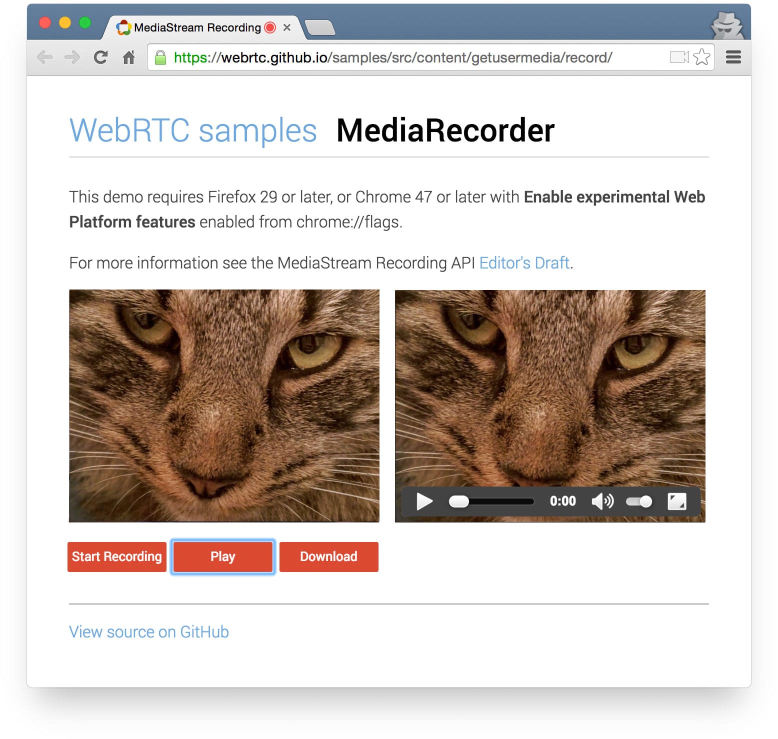 لقطة شاشة للعرض التوضيحي لـ MediaRecorder على مستودع نماذج WebRTC GitHub