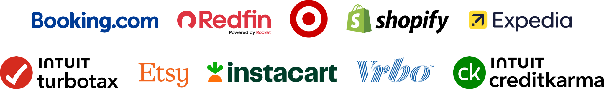 Logos Expedia, Booking.com, Shopify, Credit Karma, TurboTax, Redfin, Etsy, Instacart et Target