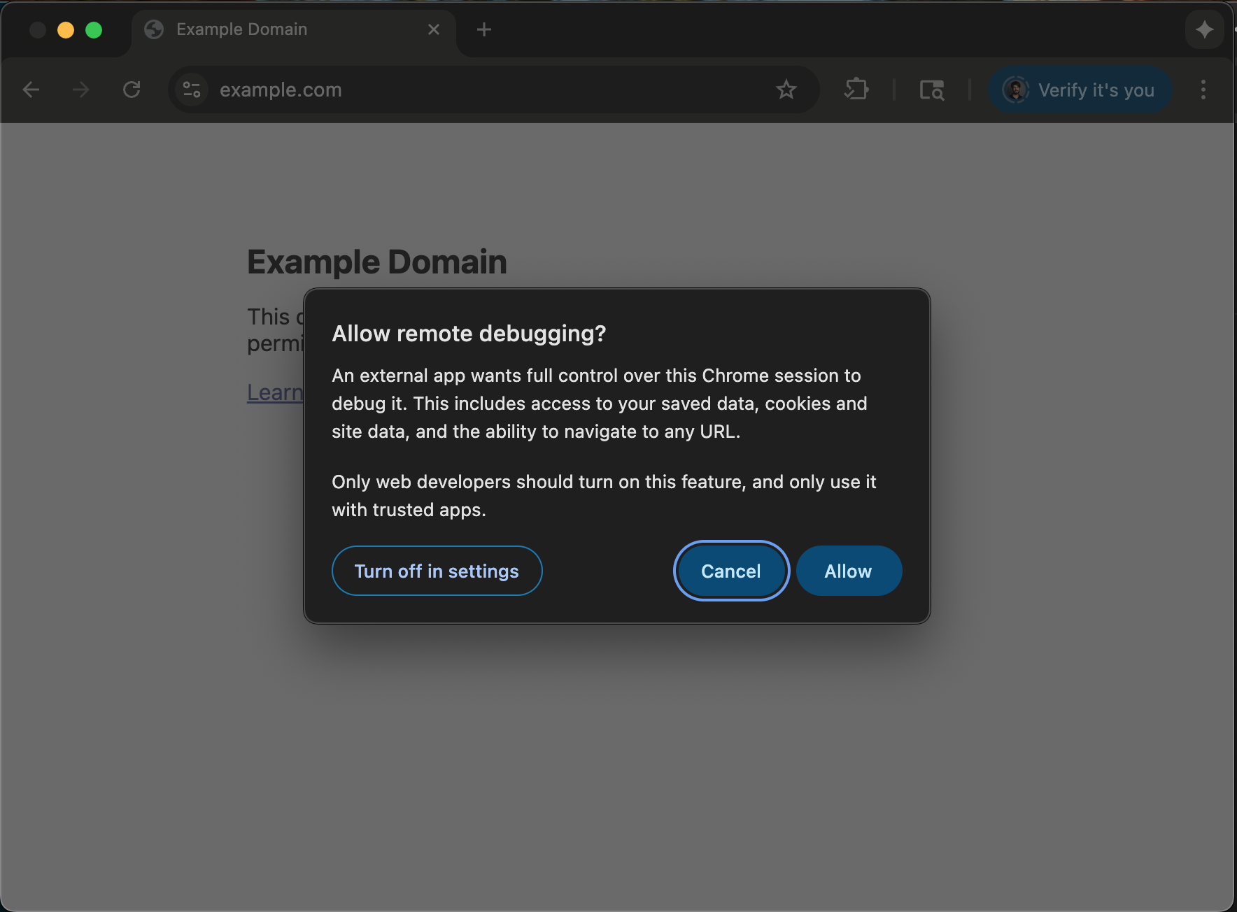 Chrome dialog asking the user to enable a remote debugging session.