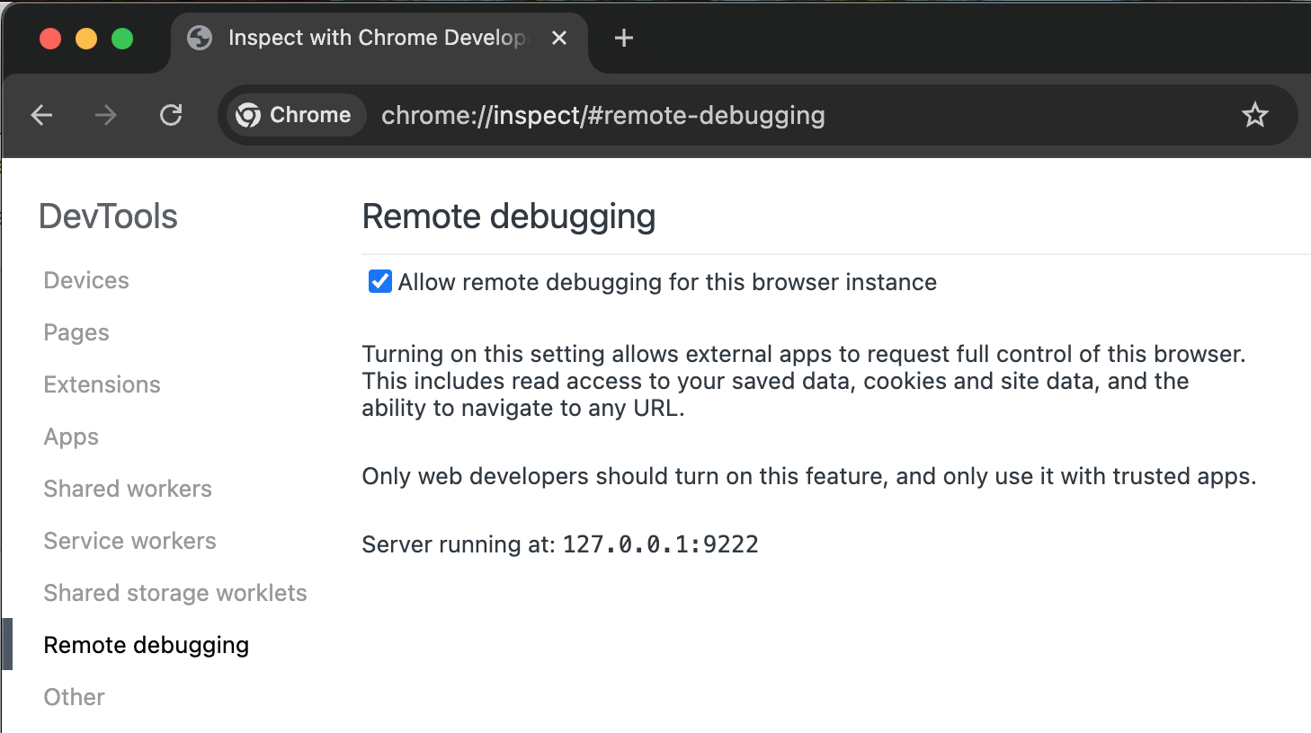 Screenshot yang menunjukkan cara mengaktifkan proses debug jarak jauh di Chrome