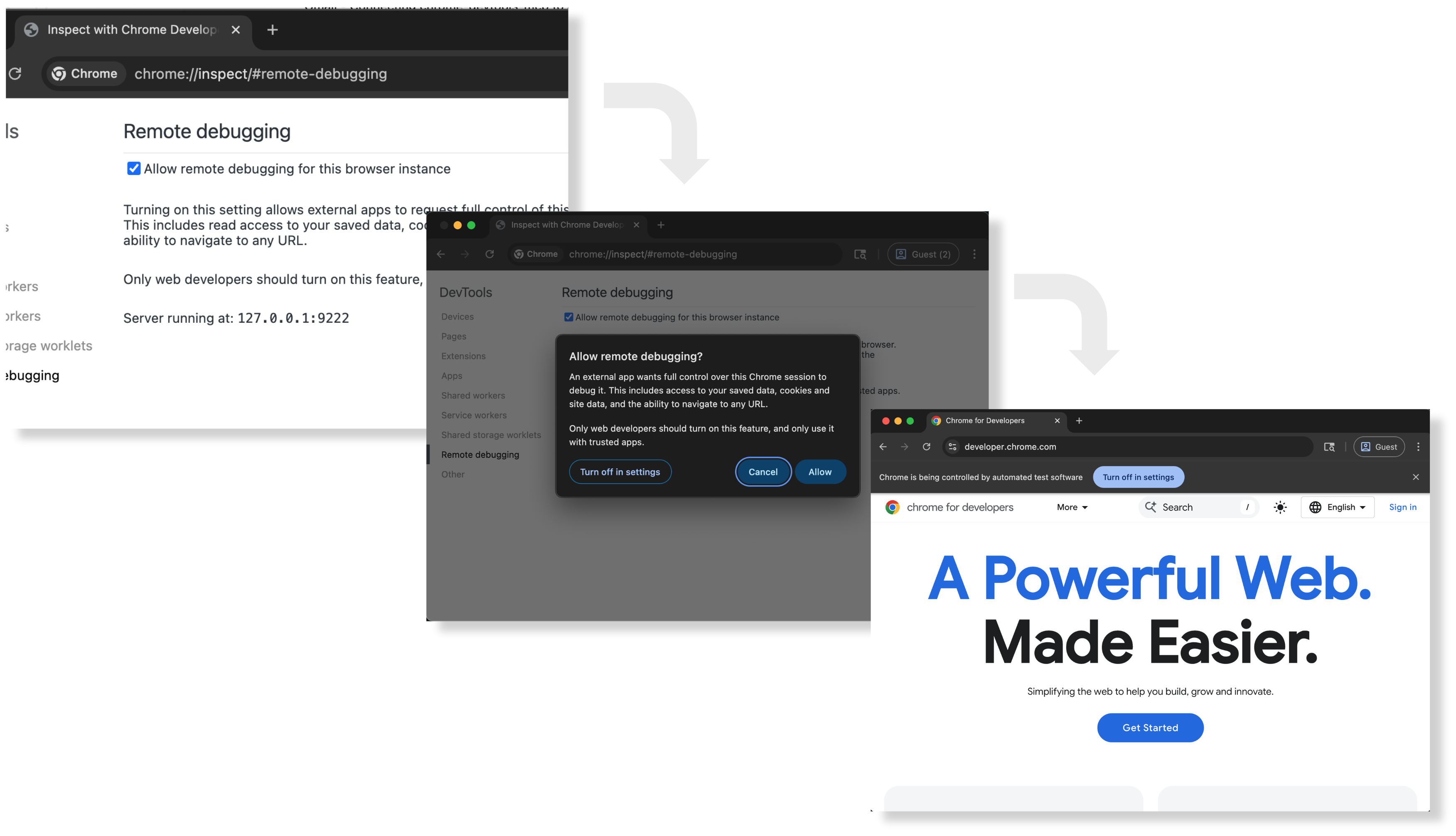 Remote debugging flow: First enable the remote debugging features. Then confirm a remote debug connection request. The debug session will be indicated by a banner text.