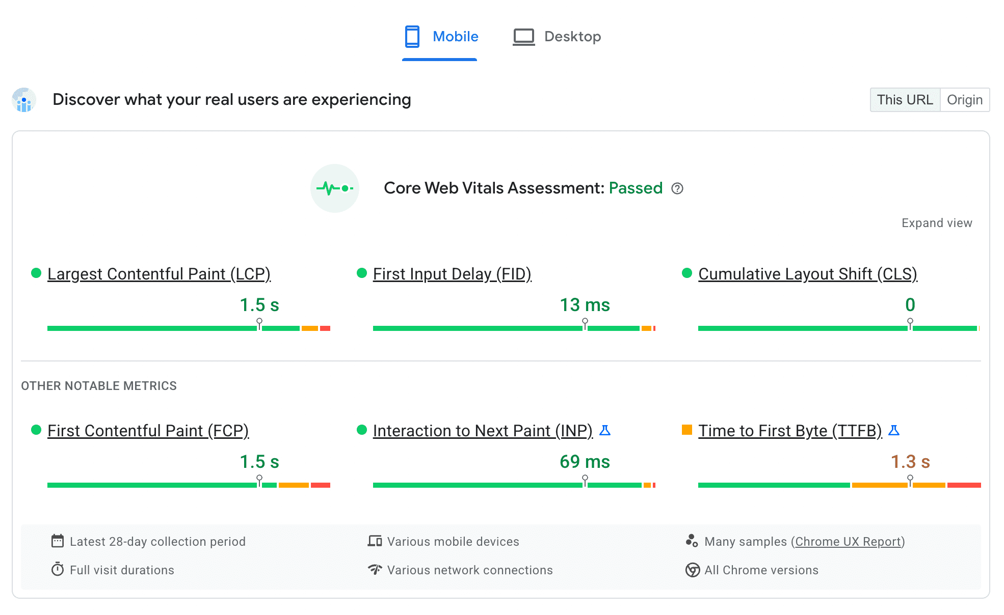 بيانات الحقل من تقرير تجربة المستخدم على Chrome في &quot;إحصاءات PageSpeed&quot;