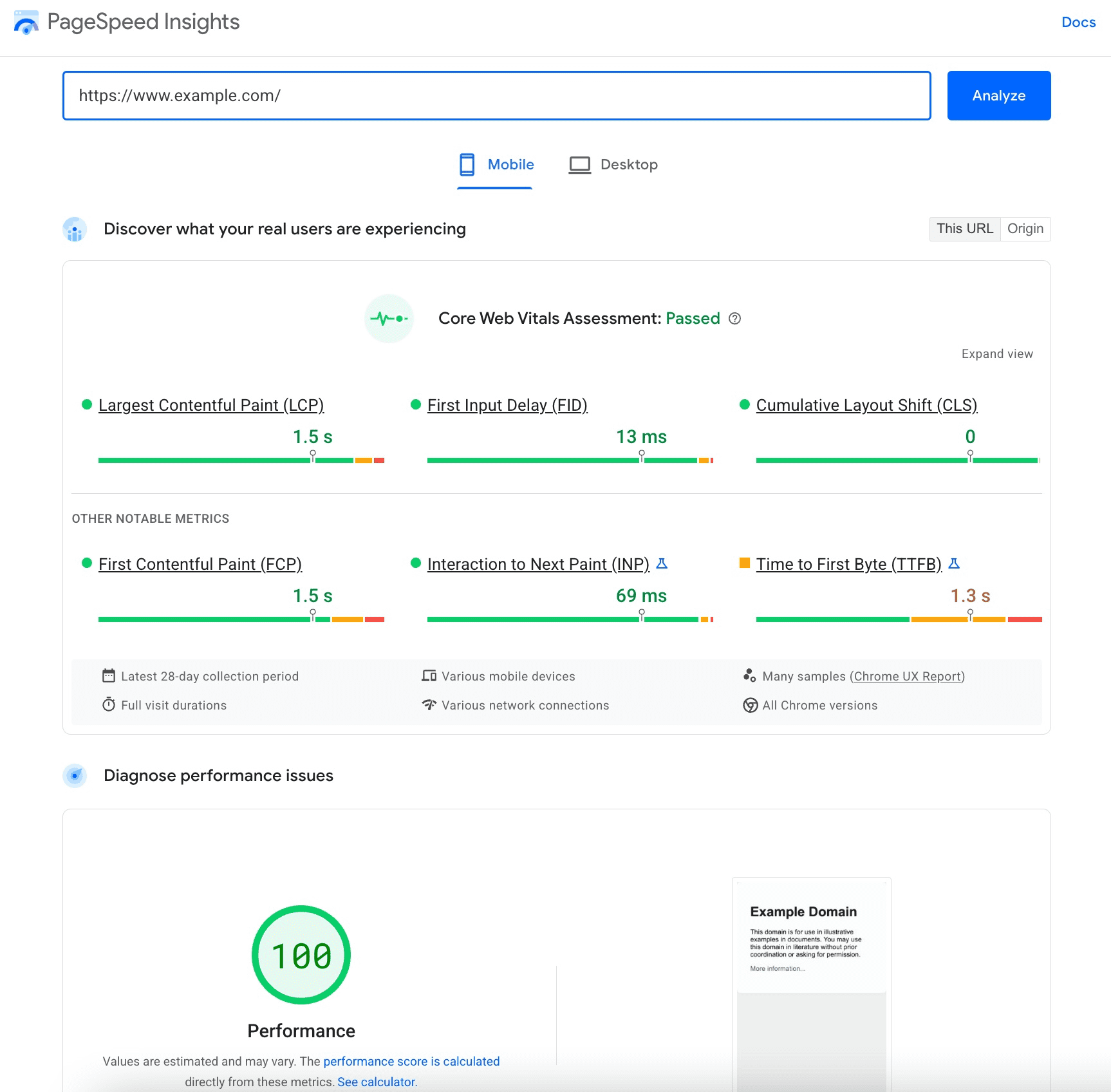 Field data from CrUX in PageSpeed Insights