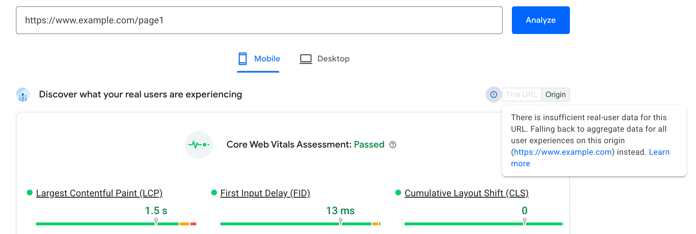 Tidak ada data CrUX tingkat URL di PageSpeed Insights, sehingga menampilkan data Asal