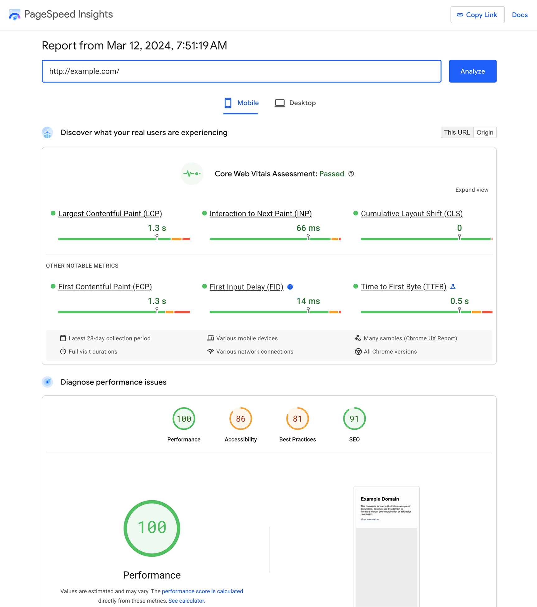 Chế độ xem dữ liệu CrUX mở rộng trong PageSpeed Insights