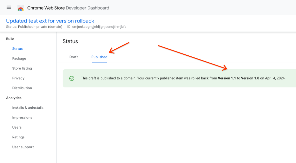 Screenshot des Entwickler-Dashboards mit dem Rollback-Status auf der Seite „Paketstatus“