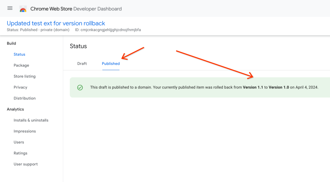 Captura de tela do painel do desenvolvedor mostrando o status da reversão na página de status do pacote