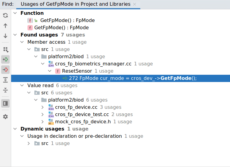 Find usage of GetFpMode in Project and Libraries