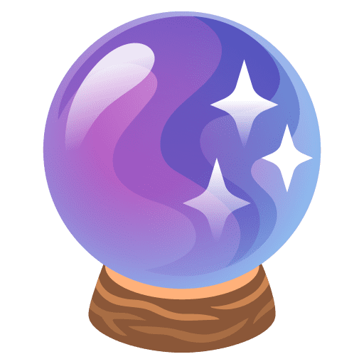 Emoji de bola de cristal azul y púrpura con estrellas reutilizadas en una base marrón.