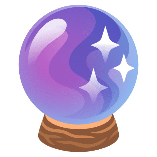 Bleu
    et un emoji boule de cristal violet avec des étoiles réutilisées sur une base marron.