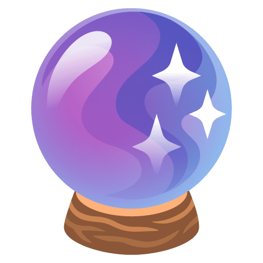 Blaues und lila Kristallkugel-Emoji mit wiederverwendeten Sternen auf einem braunen Sockel.