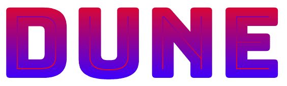 Das Wort „dune“ in der Schriftart „Bungee Spice“, in blauen und roten Farbverläufen gehalten.