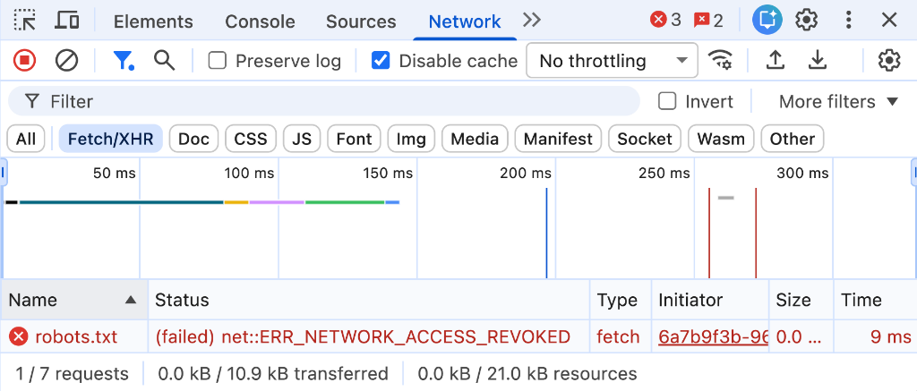 Chrome Geliştirici Araçları Ağ panelinde bağlantı engellendi.