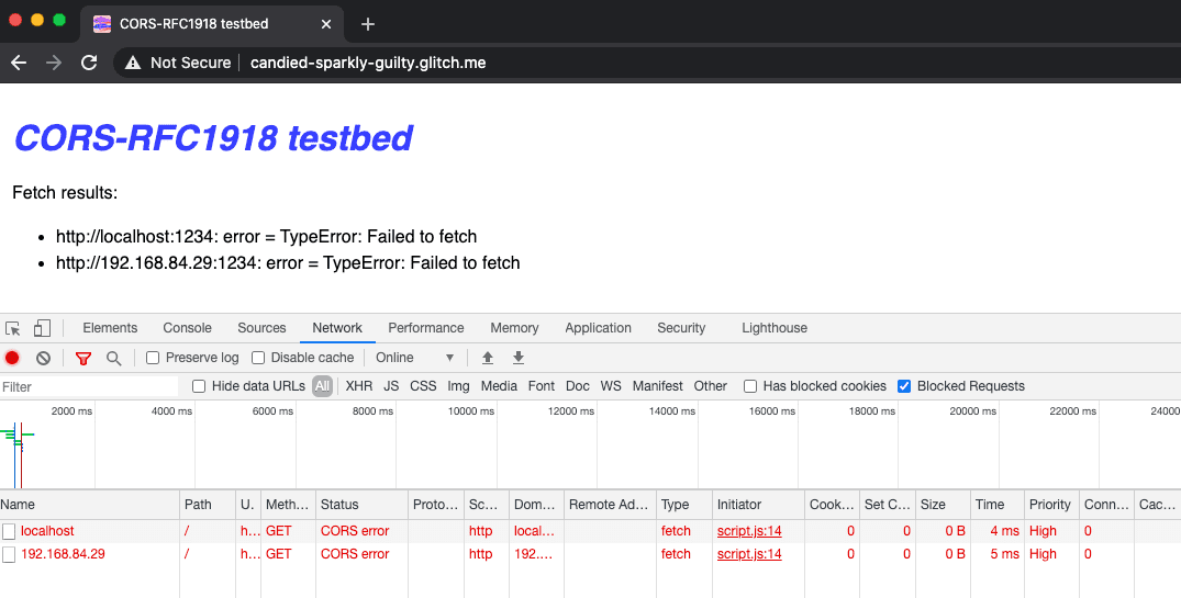 سيتم أيضًا الإبلاغ عن أخطاء CORS-RFC1918 كأخطاء CORS في لوحة "الشبكة".