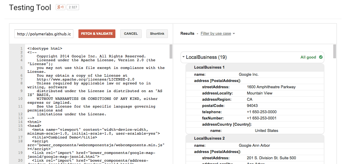 UI dello strumento di test per i dati strutturati.