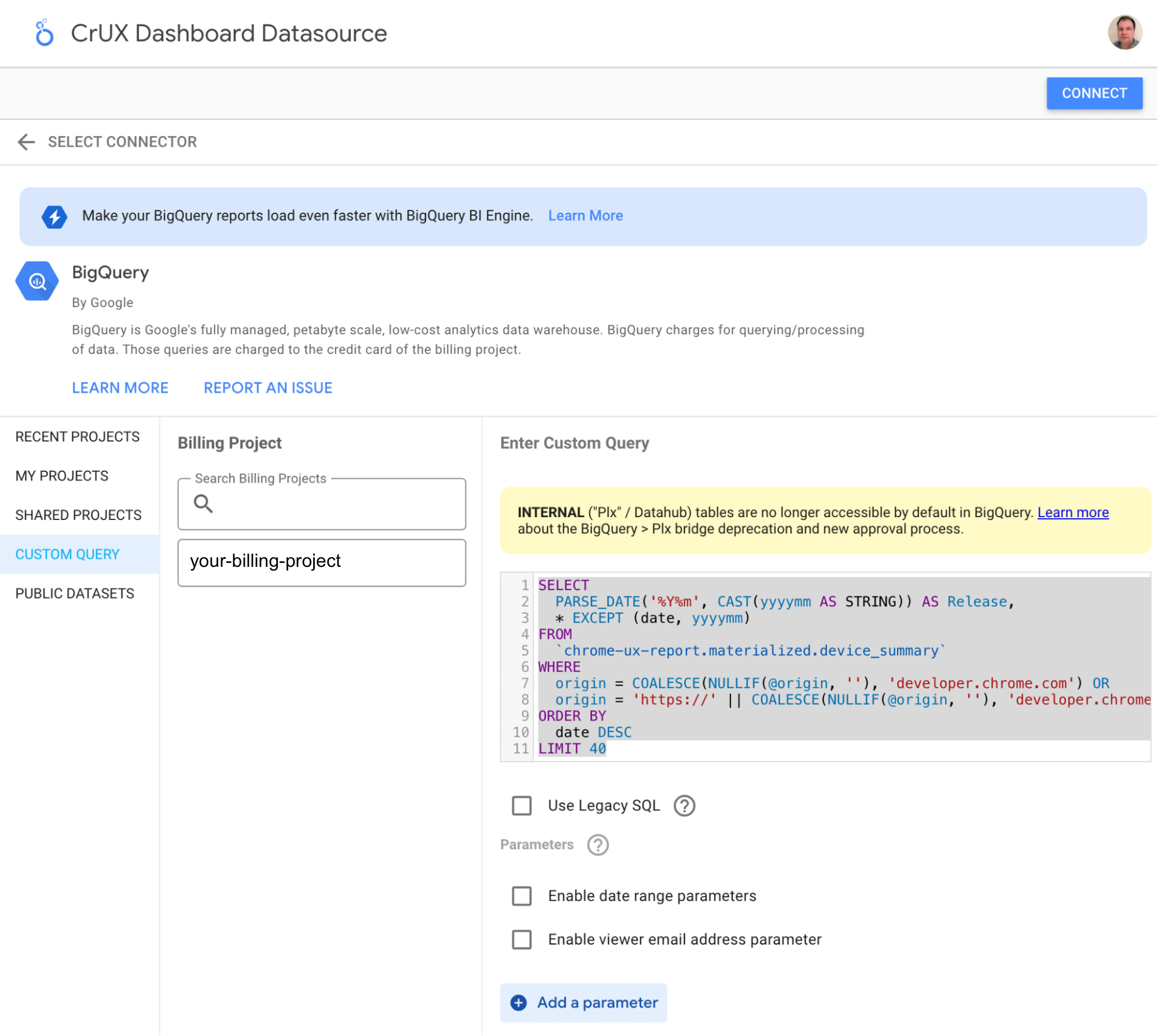 Bei BigQuery-Datenquellen mit benutzerdefinierten Abfragen können SQL-Abfragen als Datenquellen verwendet werden.