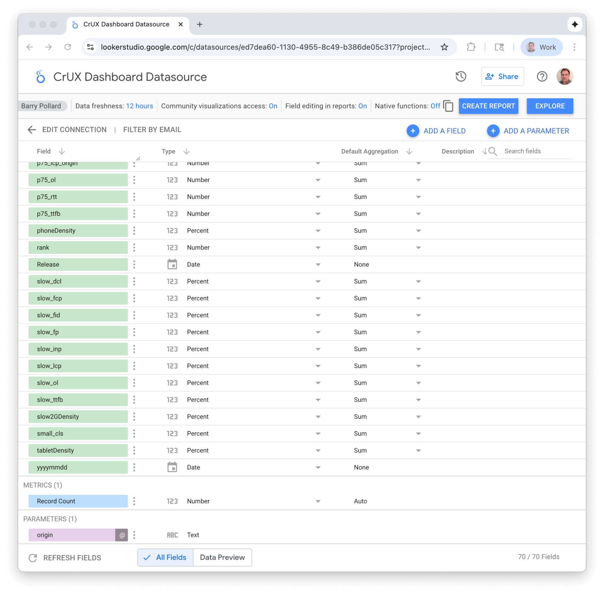 Data source fields configuration screen allowing you to set data types for each field.