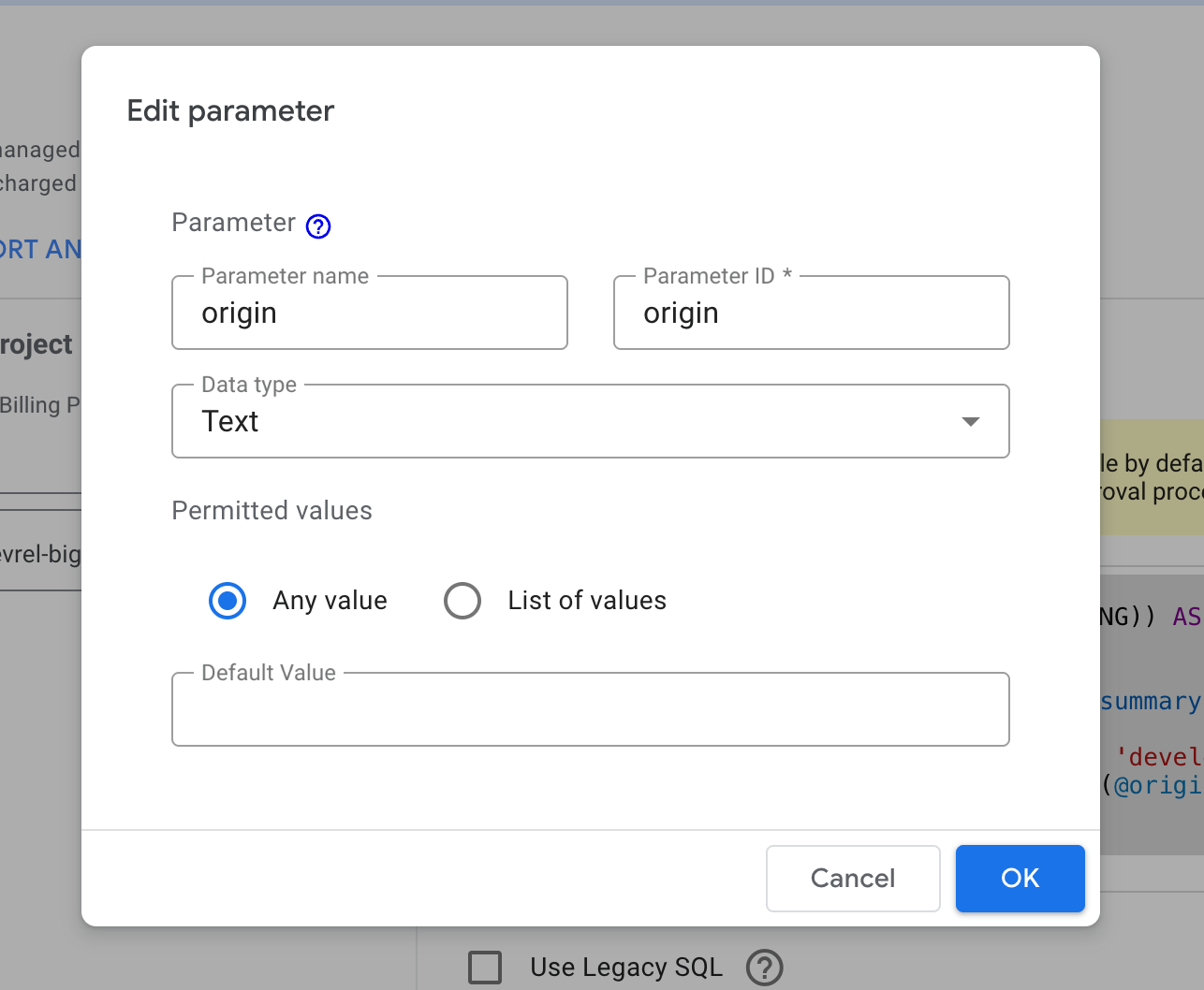 Boîte de dialogue du modèle vous permettant de définir le nom, l'ID, le type de données et les valeurs autorisées des paramètres.