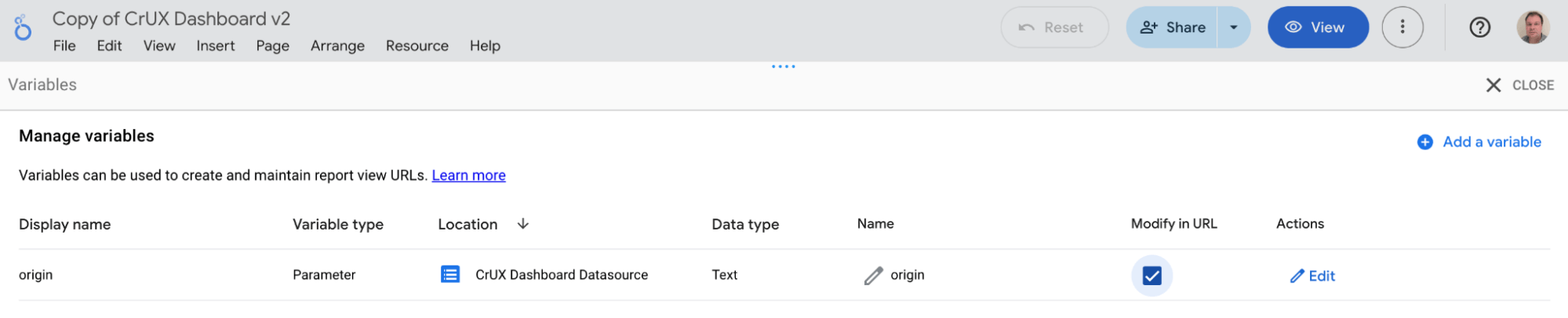 Manage variables screen with Modify in URL option ticked.