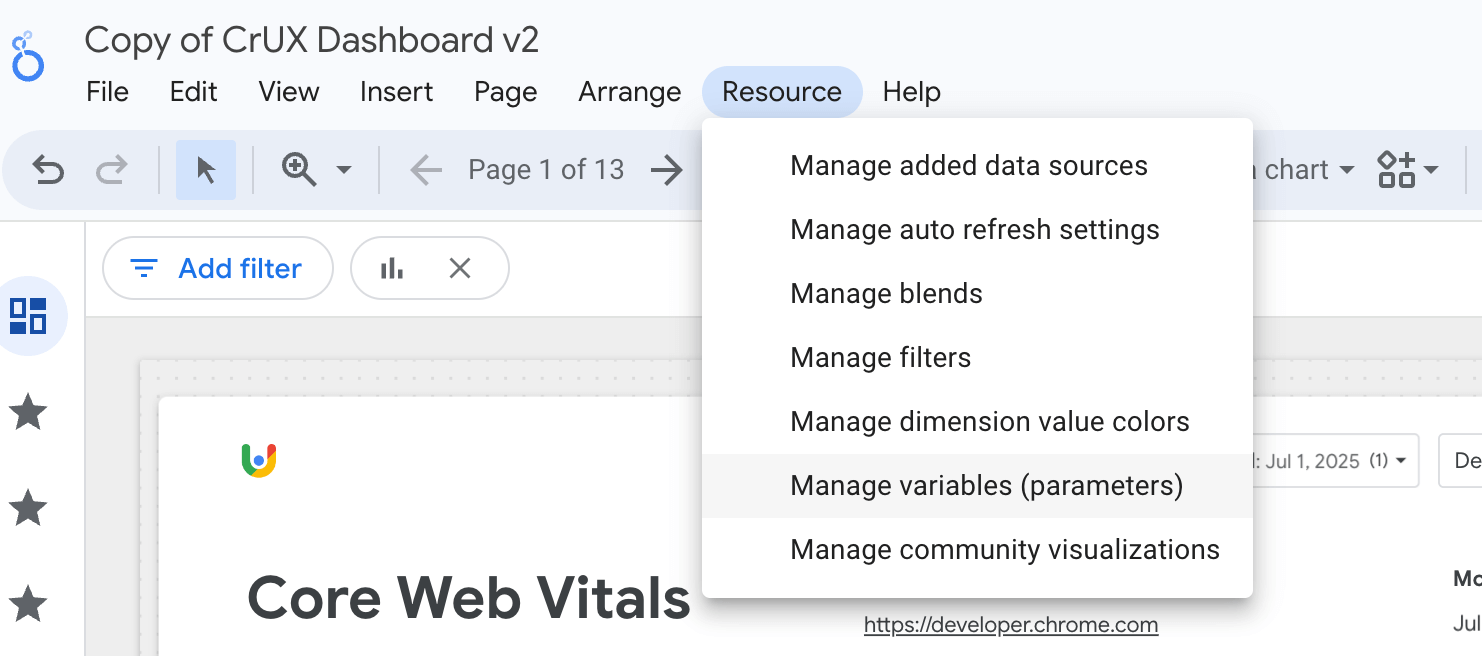 Resources menu with the Manage variables (parameters) menu option highlighted.
