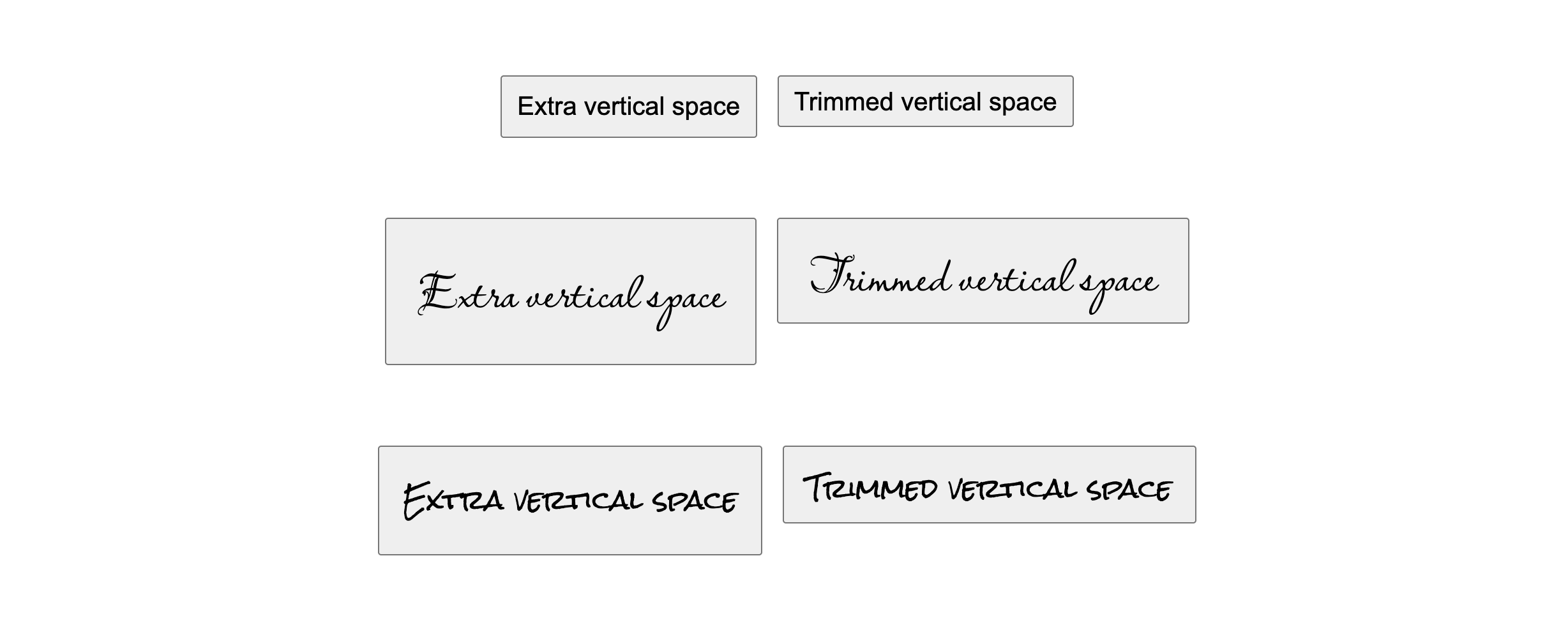 Three groups of buttons. The first uses a regular sans serif font, the second uses a fancy or fun font, and the third uses the same effect with a hand writing font.