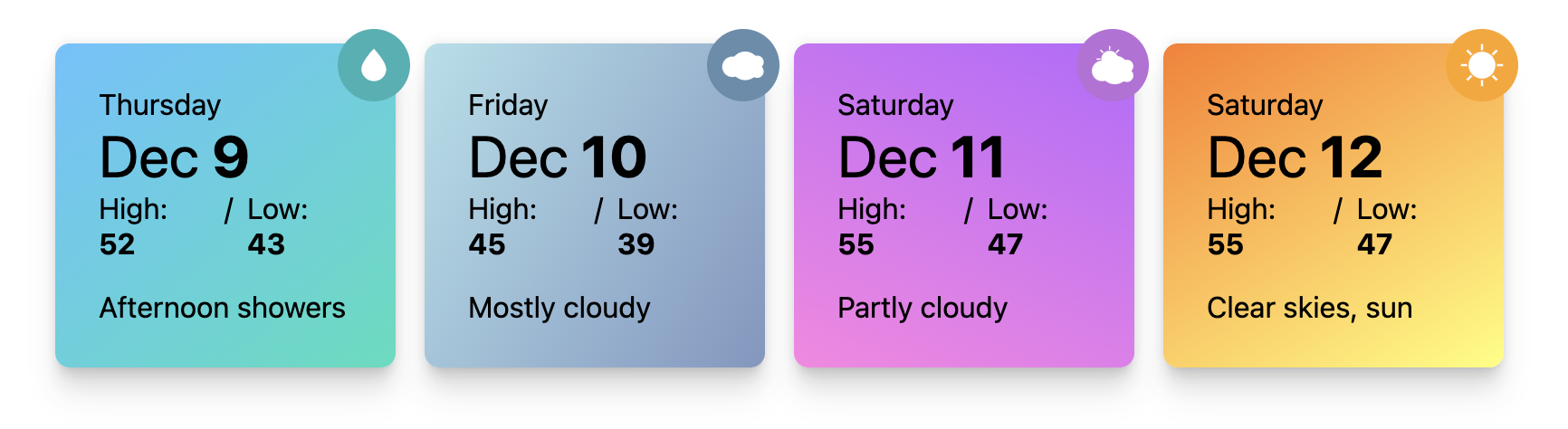 Zrzut ekranu wersji demonstracyjnej z zapytaniami o kontenery stylów dotyczącymi kart pogodowych