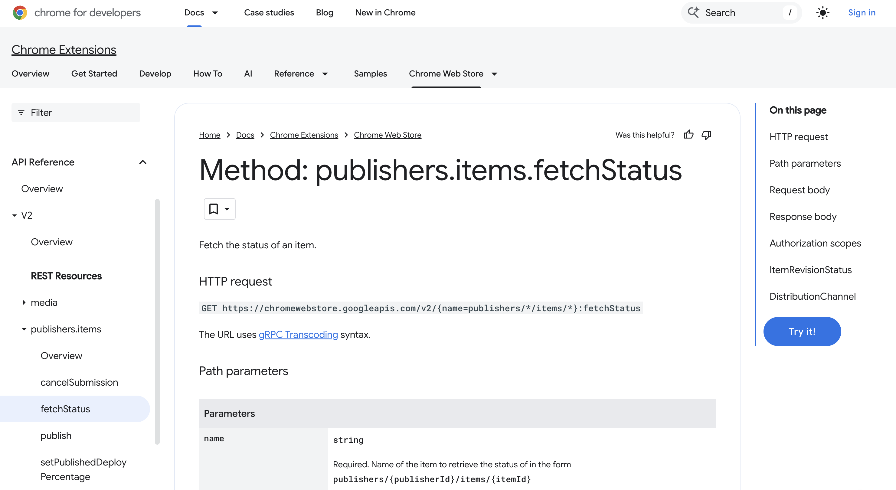 API Reference for Chrome Web store API.