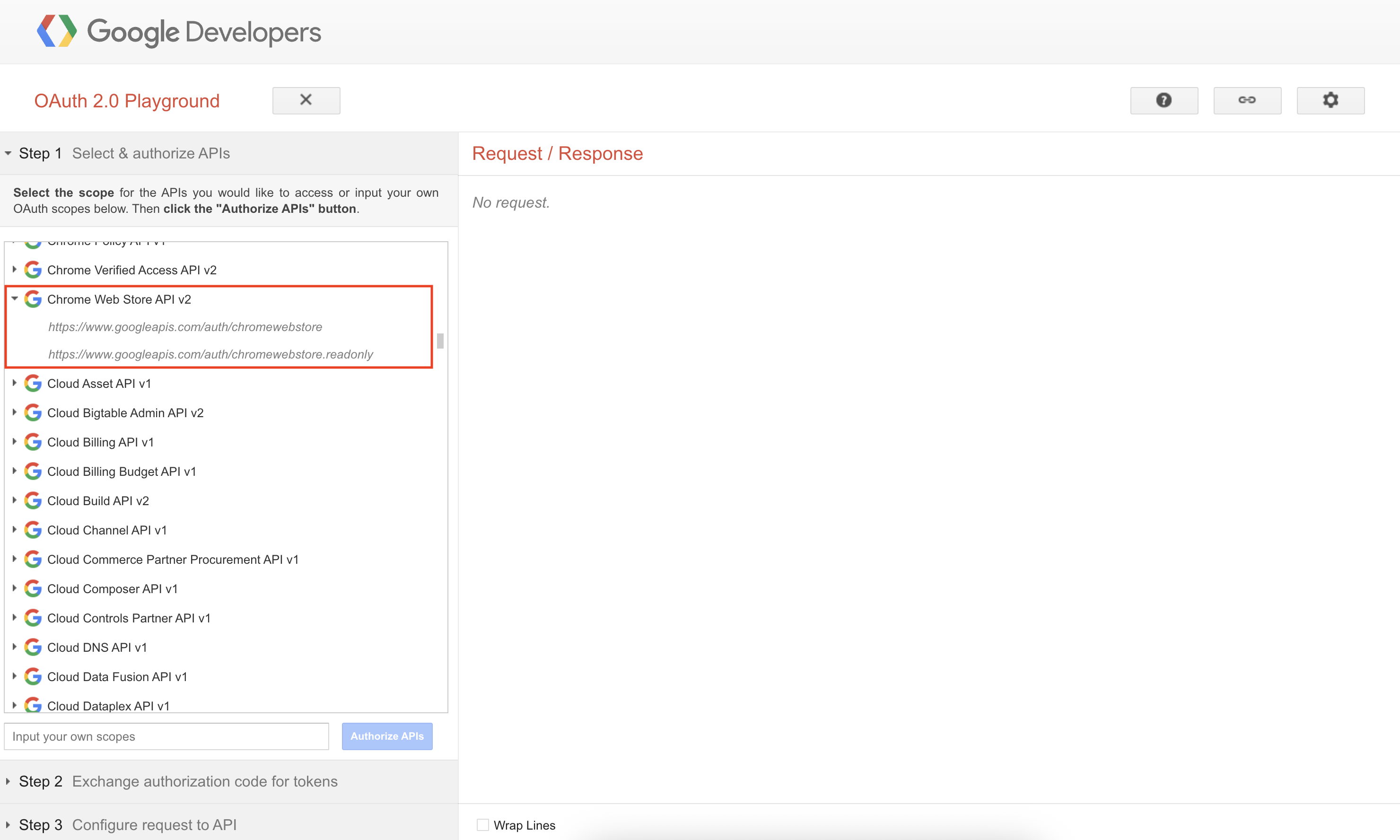Chrome Web Store scope highlighted in OAuth 2.0 playground.