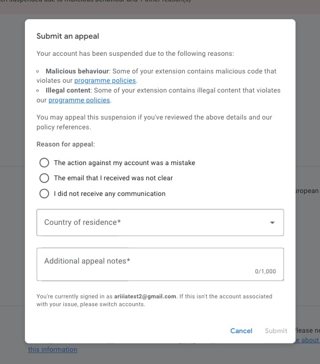 Chrome ウェブストアのデベロッパー ダッシュボードに表示された新しい再審査請求作成ダイアログのスクリーンショット。
