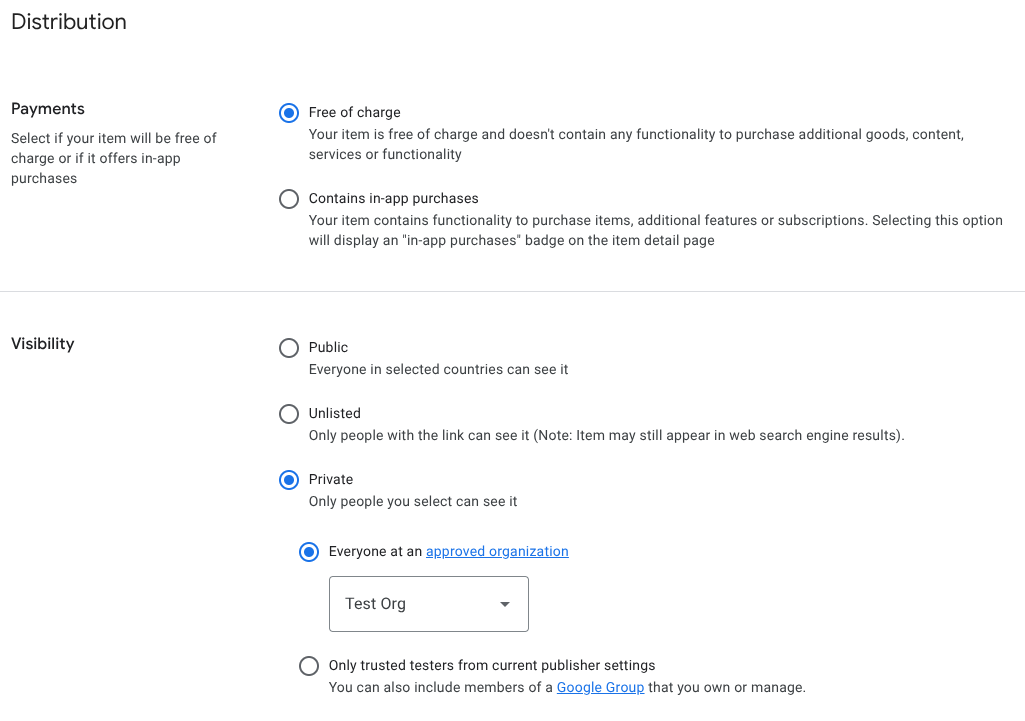 Nova opção de visibilidade para publicação da organização.