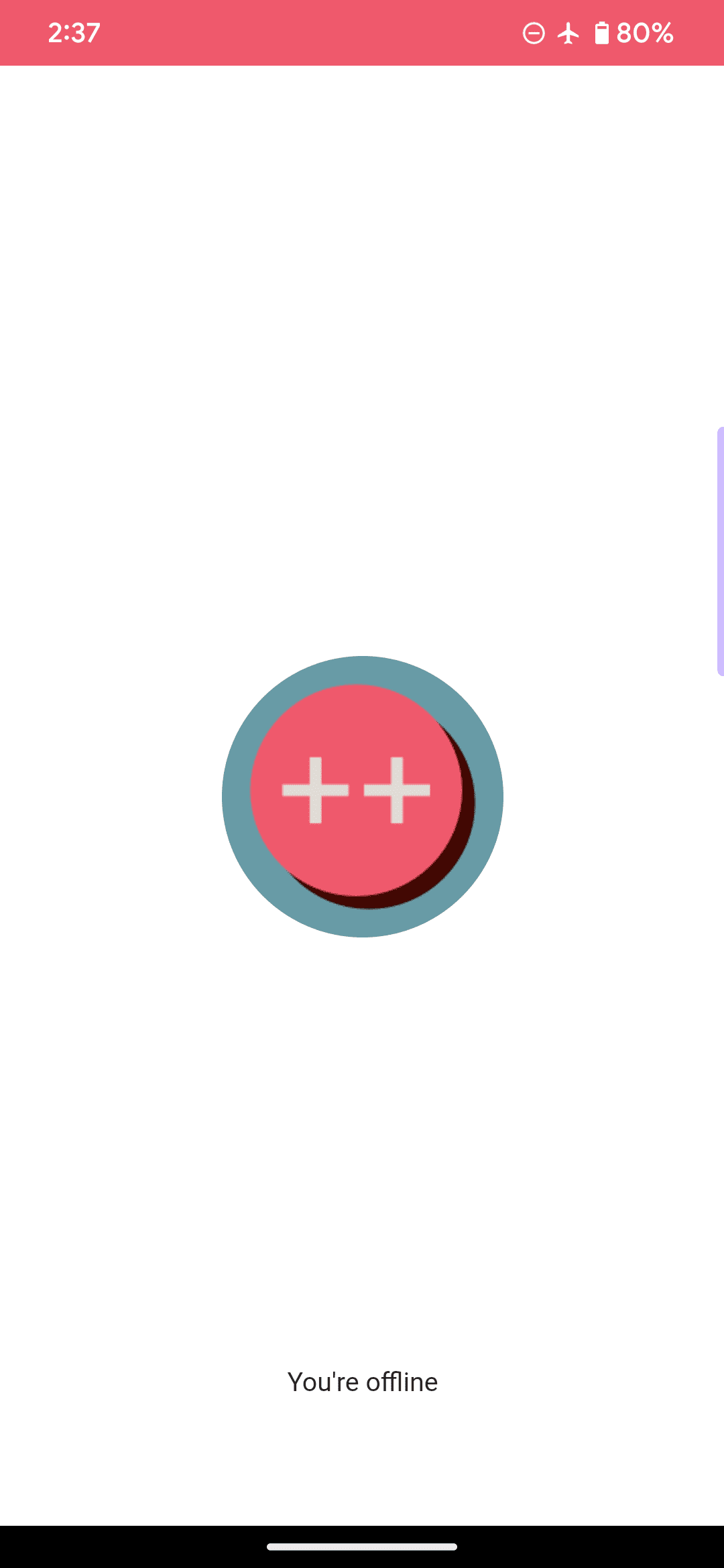 Halaman offline default untuk contoh aplikasi web, dengan logo lingkaran merah muda dan dua tanda tambah, serta berisi pesan &#39;Anda sedang offline&#39;.