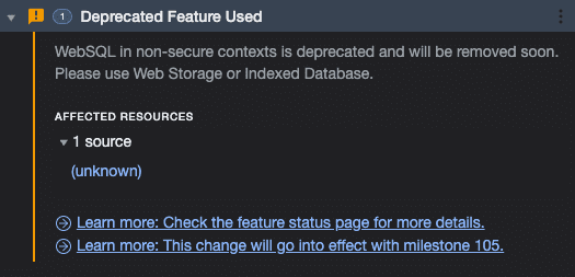 O painel &quot;Issues&quot; do Chrome DevTools com um aviso que diz Web SQL em contextos não seguros foi descontinuado.