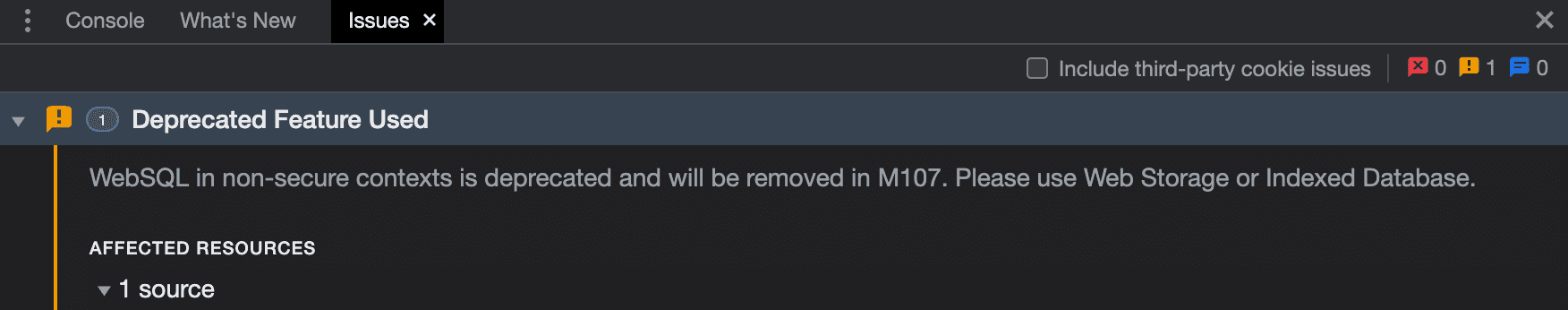 Panel Chrome DevTools Issues dengan peringatan yang membaca Web SQL dalam konteks yang tidak aman tidak digunakan lagi dan akan dihapus di M107. Gunakan Web Storage atau Indexed Database.