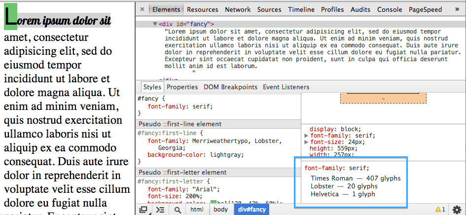 Famiglia di caratteri in DevTools