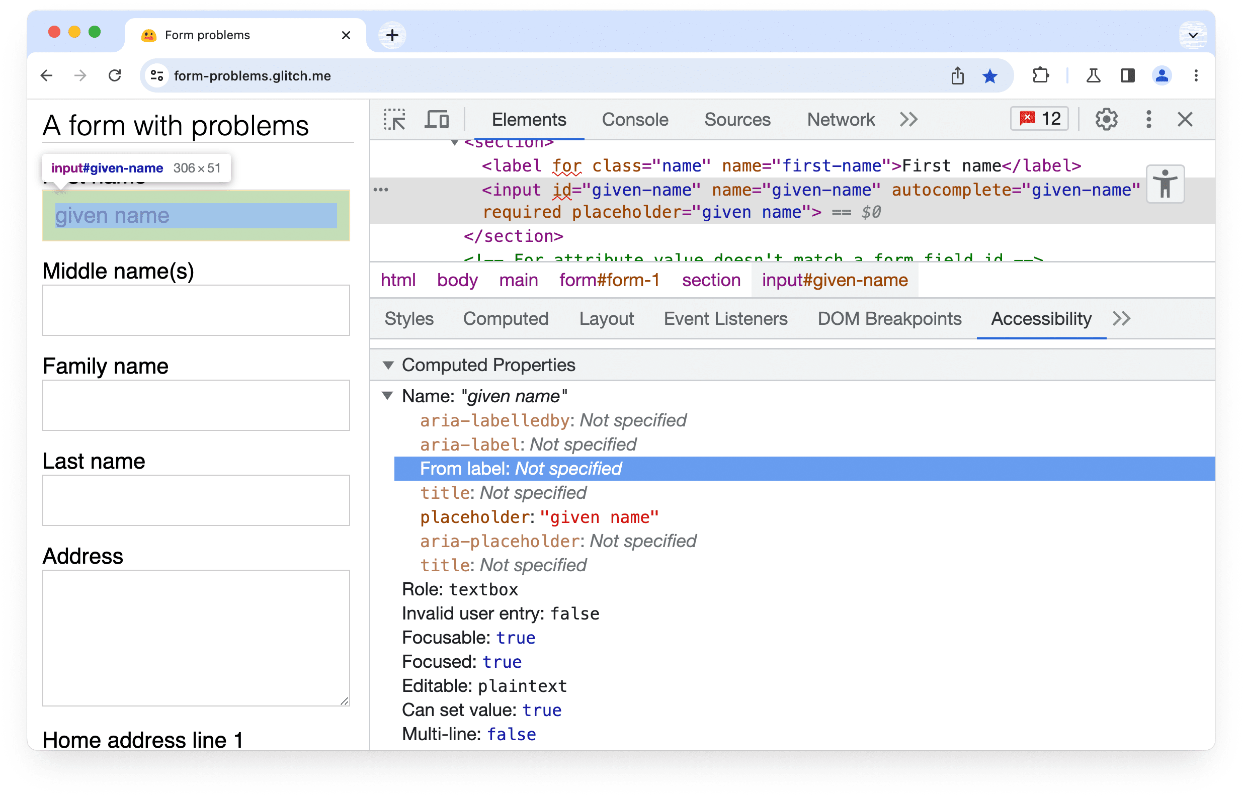 Chrome Geliştirici Araçları Erişilebilirlik paneli, formdaki bir giriş öğesi için eşleşen bir etiket veya aria-labelledby özelliğinin bulunamadığını gösteriyor.