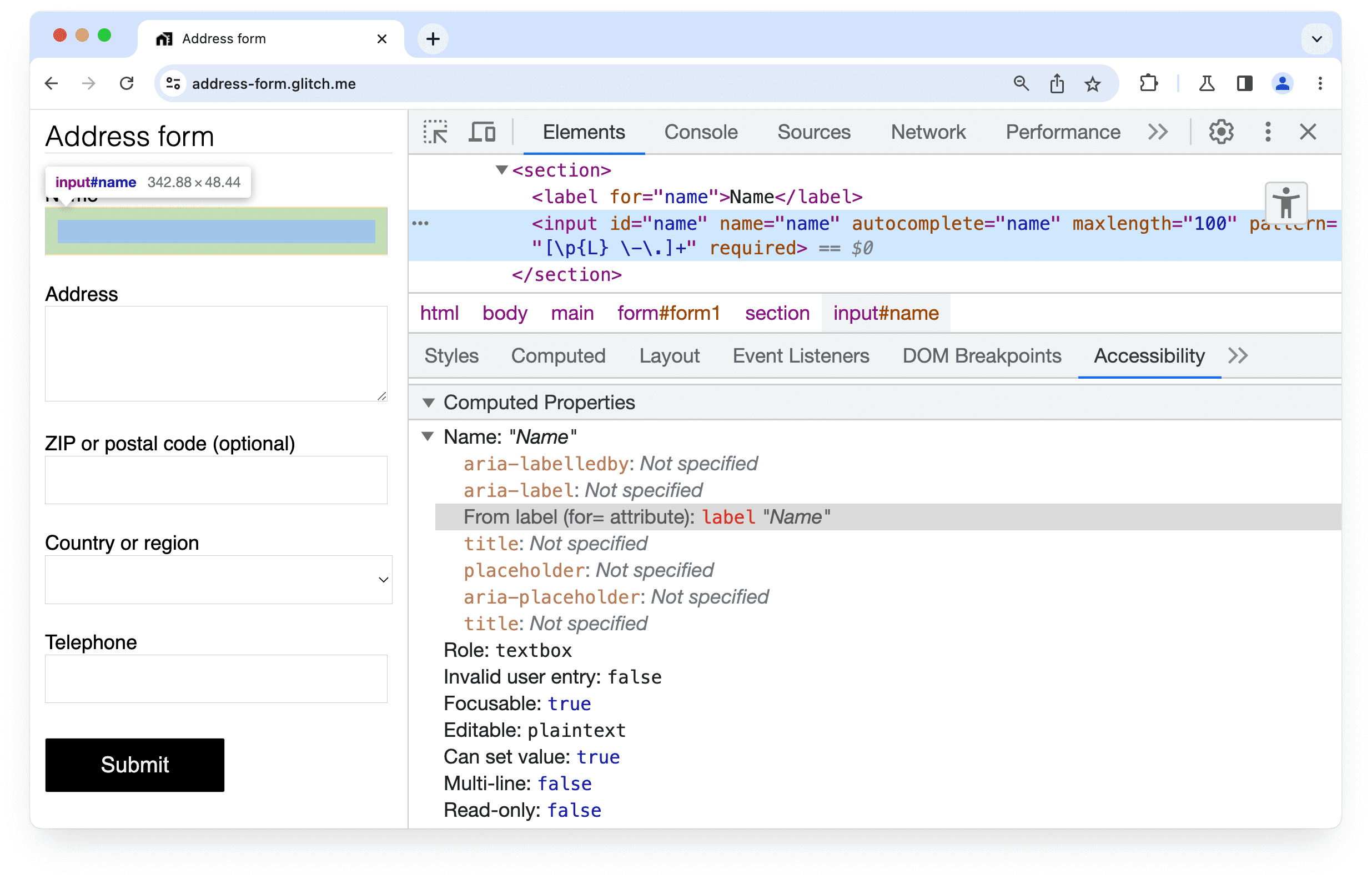 Chrome DevTools Панель специальных возможностей, показывающая, что для элемента ввода в форме найдена метка.