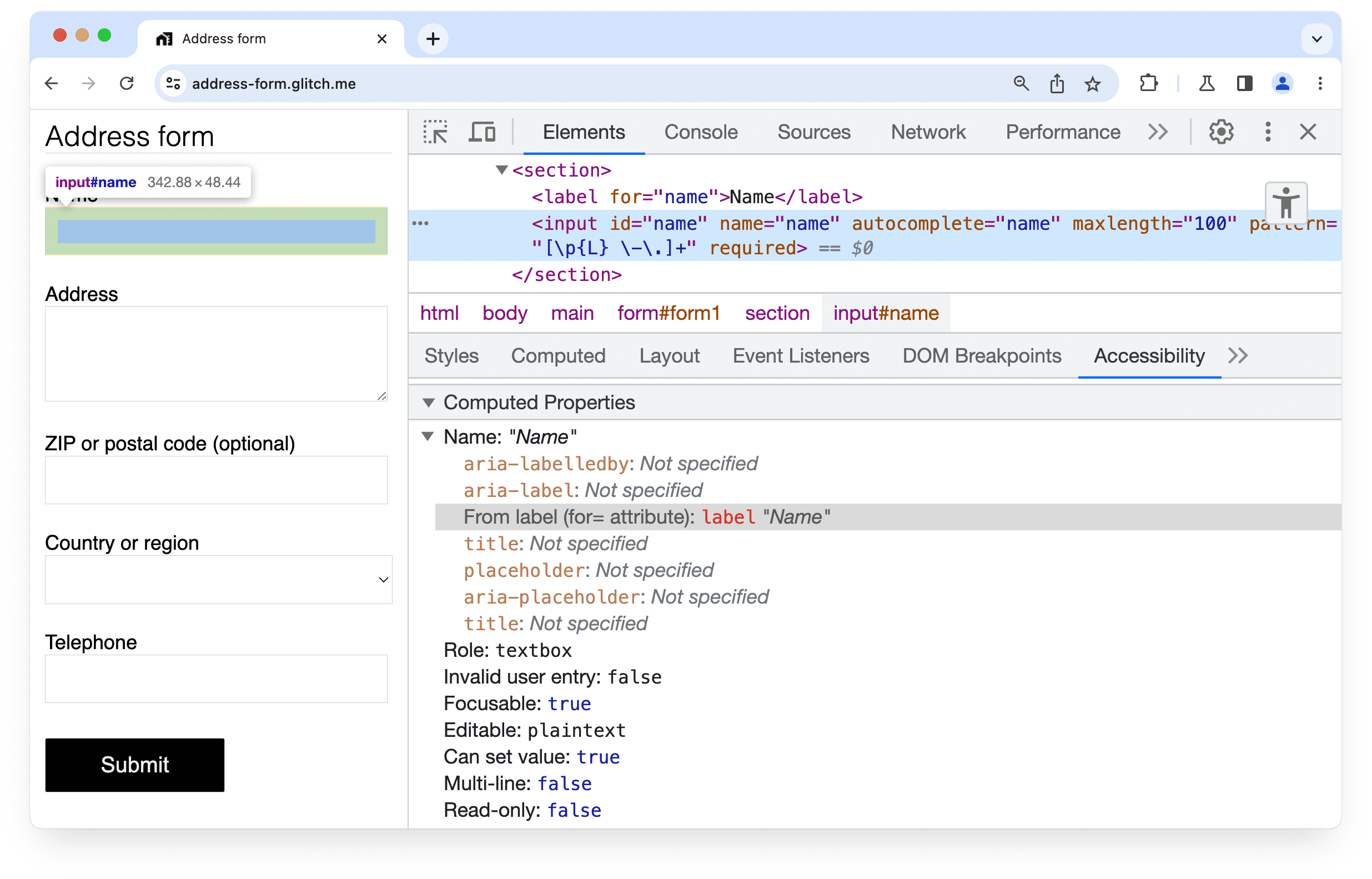 Chrome DevTools
सुलभता पैनल, जिसमें यह दिखाया गया है कि फ़ॉर्म में किसी इनपुट एलिमेंट के लिए लेबल मिला था.