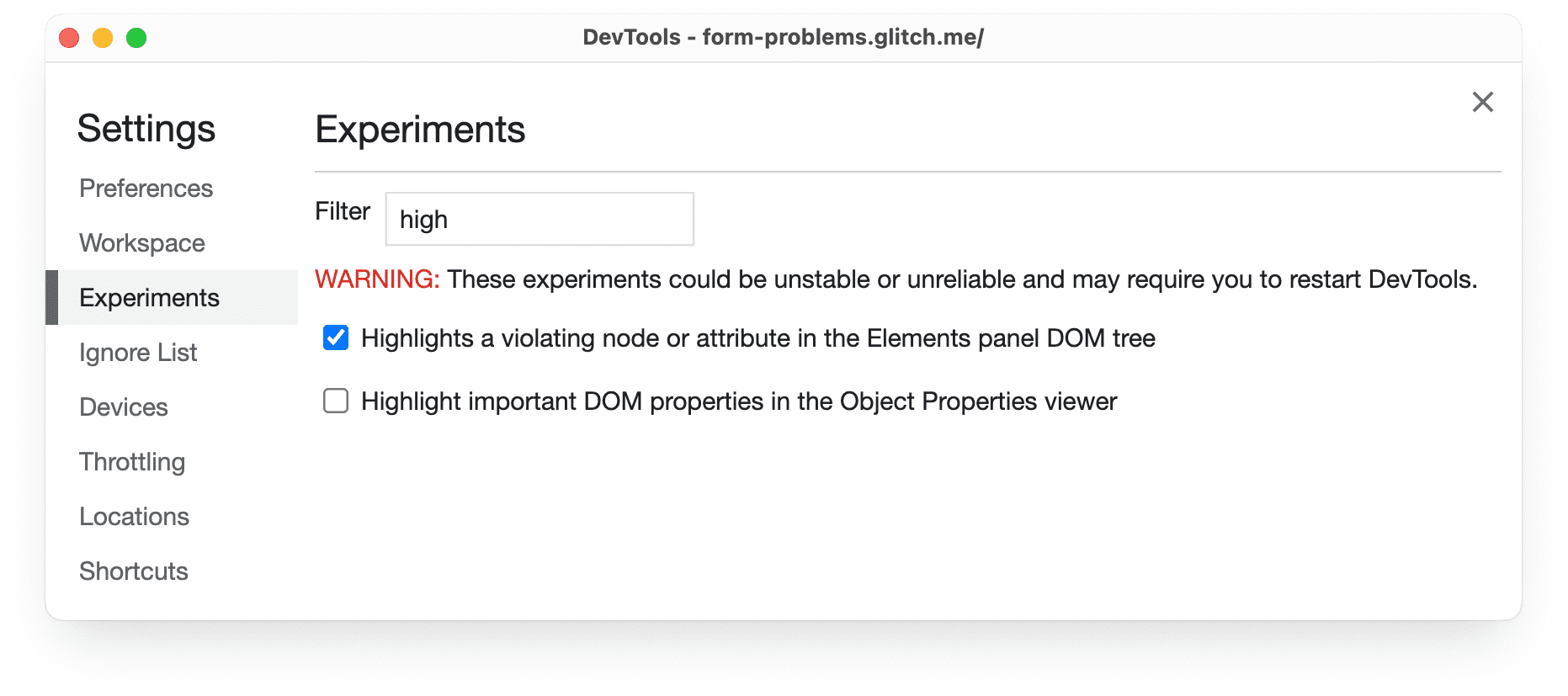Página de configurações do Chrome DevTools, mostrando "Highlights a violating node ..."