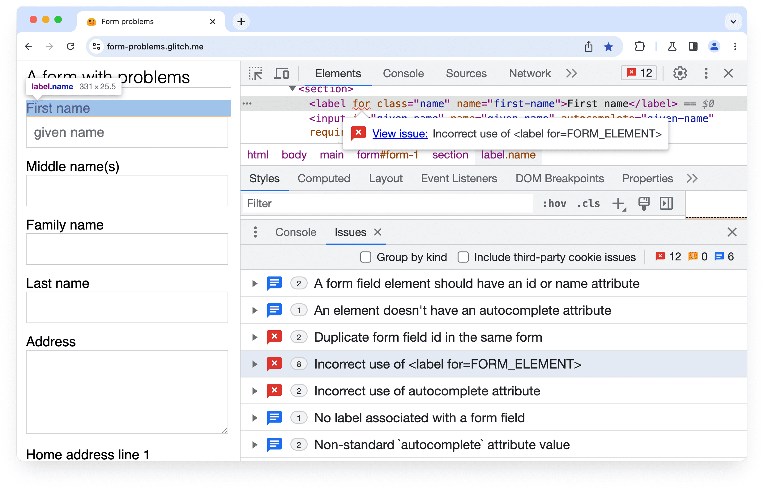 Chrome 开发者工具，其中显示了表单元素的 for 属性存在问题。