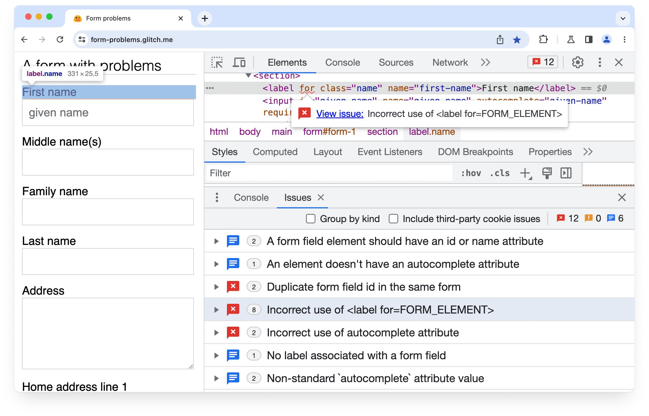 Chrome DevTools,
फ़ॉर्म एलिमेंट के एट्रिब्यूट के लिए कोई समस्या दिखा रहा है.