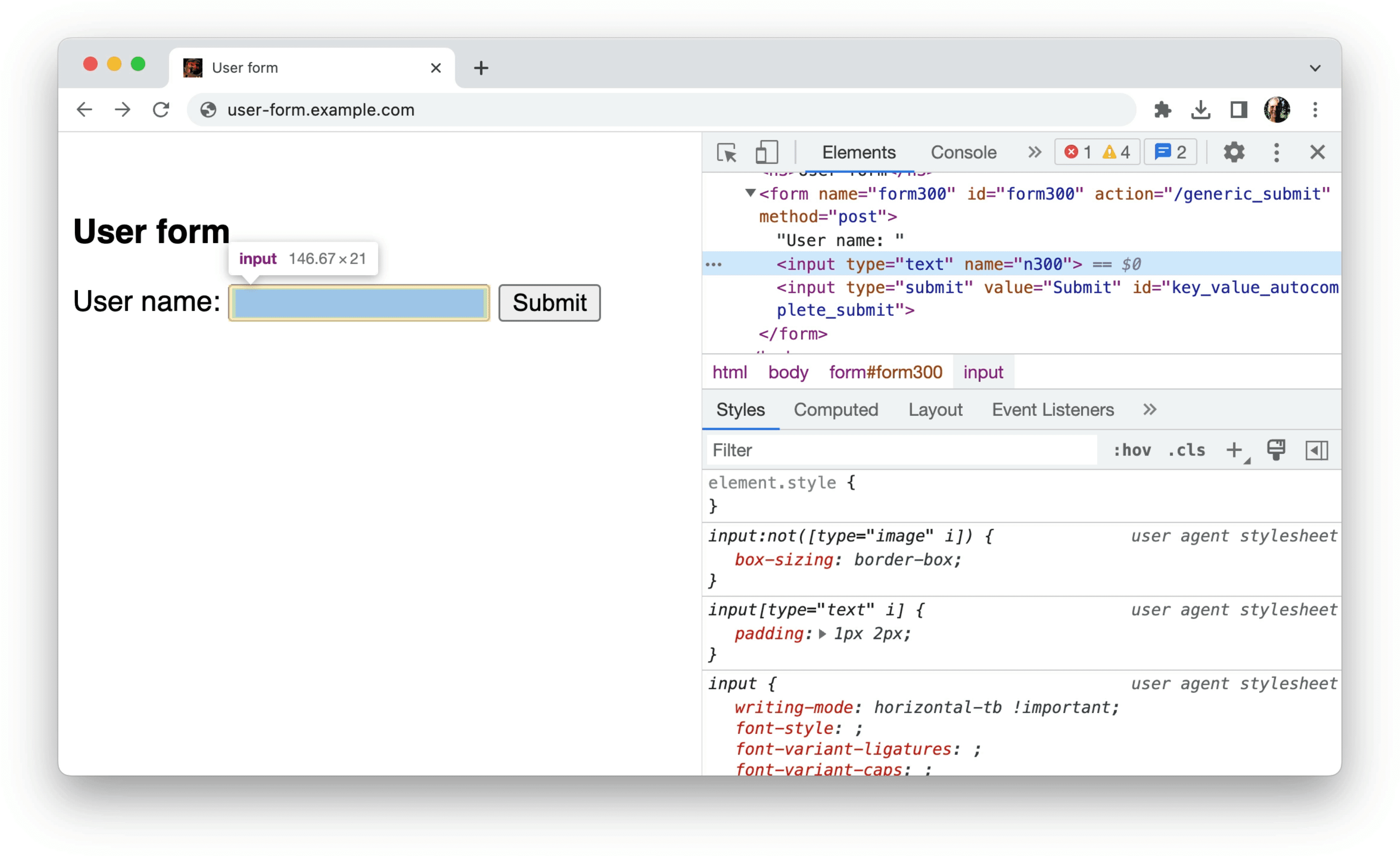 前述の例のように、フォーム内の非構造化データに関する情報を表示する Chrome DevTools(type=text と name=n300 の属性のみを持つ単一の入力)。