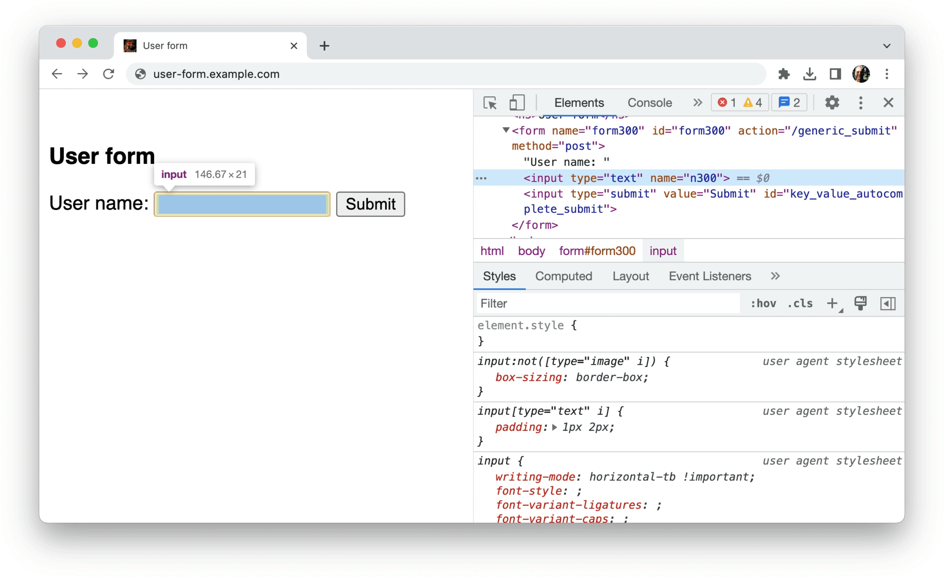 Chrome DevTools는 이전 예에 나온 것처럼 구조화되지 않은 데이터에 대한 정보를 양식(type=text 및 name=n300 속성만 있는 단일 입력)으로 표시합니다.